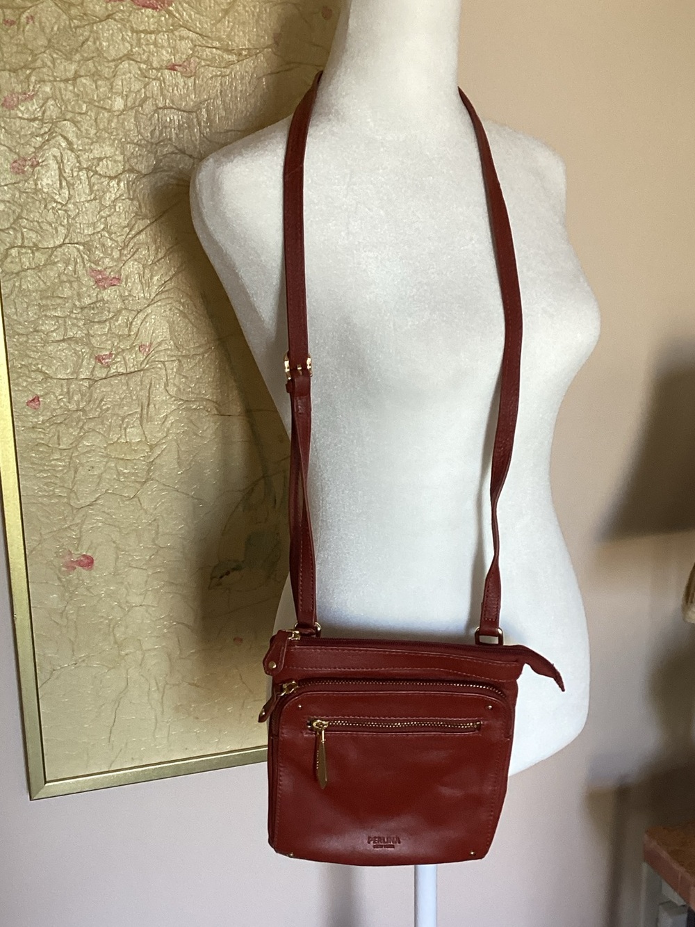 Perlina Red Leather Crossbody Bag with Gold Hardware
